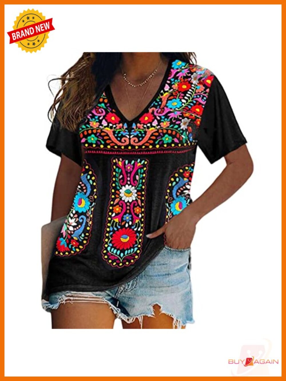 Floral Embroidered Boho Peasant Tunic Tee Short Sleeve